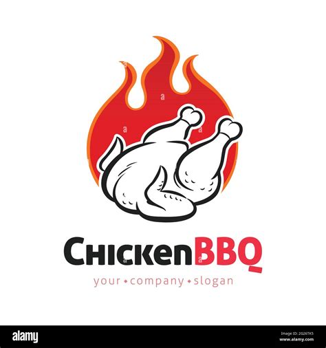 Grilled Chicken vector logo design template with flames. Barbecue concept in cartoon line art ...