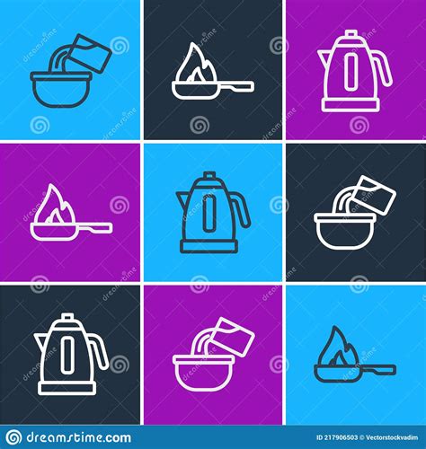 Set Line Saucepan, Electric Kettle and Frying Icon. Vector Stock Vector - Illustration of retro ...