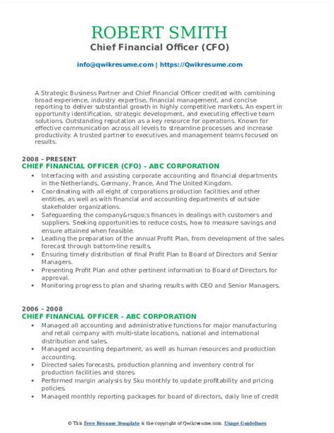 Chief Financial Officer Resume Samples | QwikResume