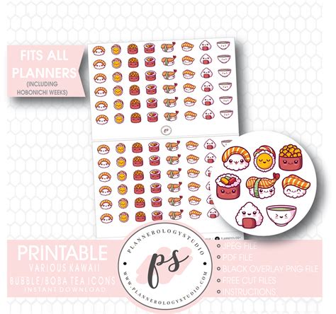 Cute Kawaii Sushi Icons Digital Printable Planner Stickers ...