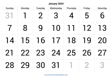 2024 January Calendar Big Numbers Print Out - August And September 2024 Calendar