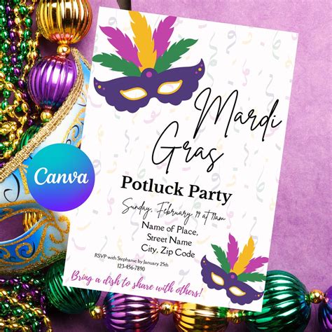 Mardi Gras Potluck Invitation Template Mardi Gras Party Potluck Invite ...