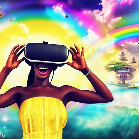 Premium AI Image | a happy black women wearing a VR headset in a ShangriLa with a rainbow ...