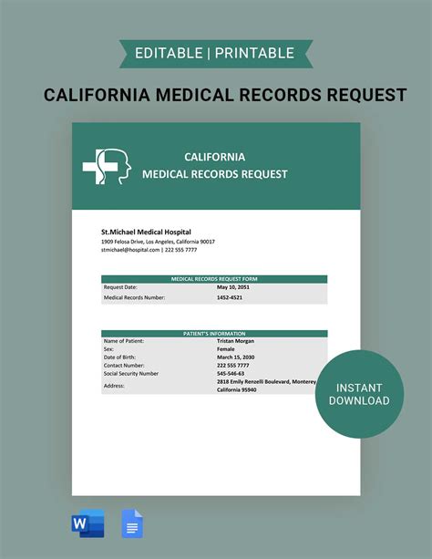 California Medical Records Request Template - Google Docs, Word ...