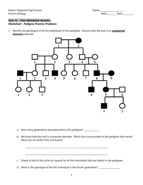 Answer Key Pedigree Worksheet : Genetics Pedigree Worksheet Answer Key Genetics Autosomal ...