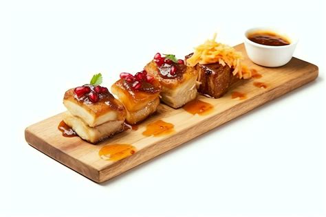 Pork belly braaivleis with mango and chili sauce served on a wooden plank. Restaurant food ...