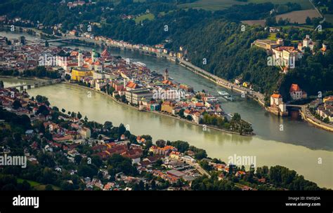 Historic centre of Passau, confluence of the three rivers Danube, Inn ...