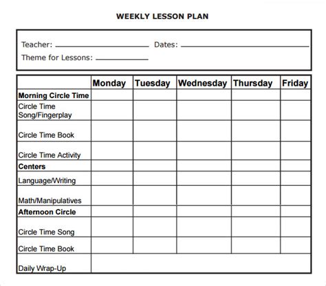 Weekly Lesson Plan Template Word