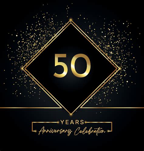 50 years anniversary celebration with golden frame and gold glitter on black background. Vector ...