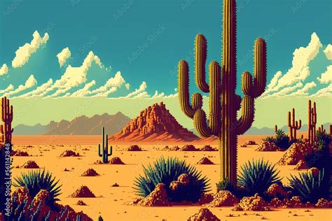 Desert landscape with cacti and mountains in the background, 16 bit ...