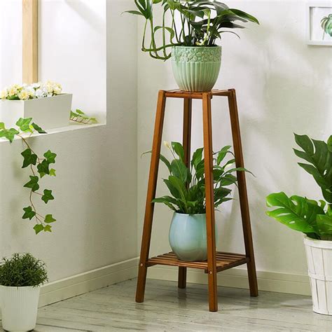 Bamboo 2 Tier Tall Plant Stand Pot Holder Small Space Table Garden Planter | eBay