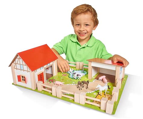 Kids Wooden Farmyard & Farm Play Set | 25Pc Set Inc 2 Buildings, Detailed, Colourful Play Board ...