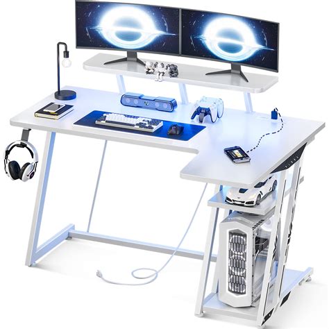 Buy MOTPK White Gaming Desk L Shaped with LED Lights, Computer Gaming ...