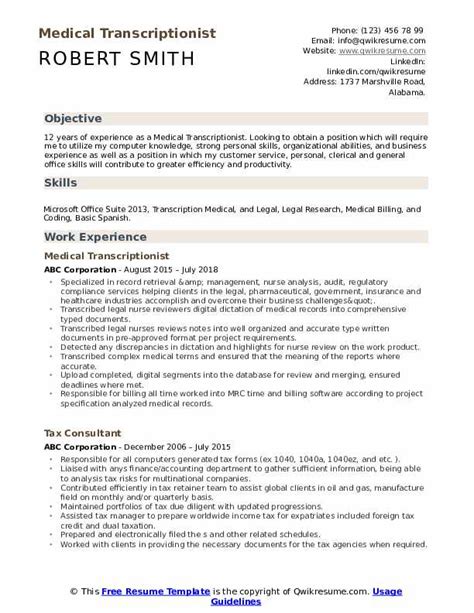 Medical Transcriptionist Resume Samples | QwikResume