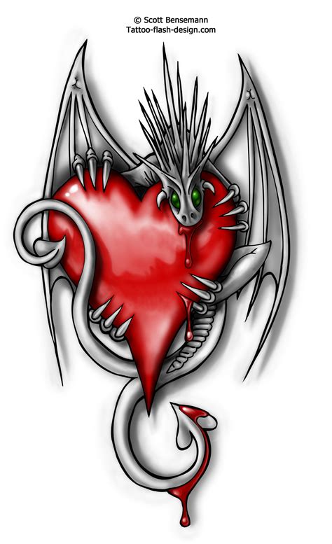 Dragon With Red HEart Tattoo Design