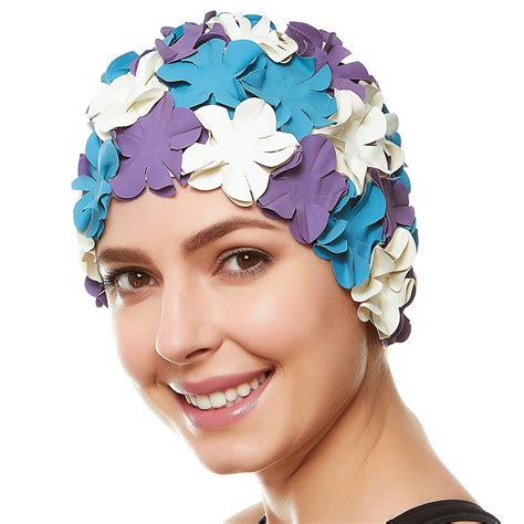 Beemo Floral Petal Swim Cap for Women – Retro Style Vintage Bathing Cap Swimming Hat for Long ...