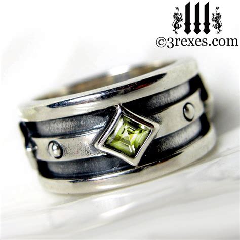 Mens Silver Wedding Ring Green Peridot Stone Moorish Gothic