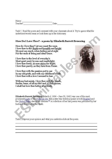 Poem - How do I love thee - ESL worksheet by goccanada