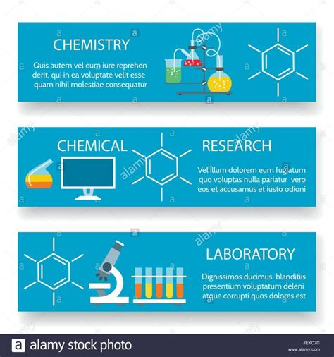 three horizontal banners with chemical and laboratory symbols