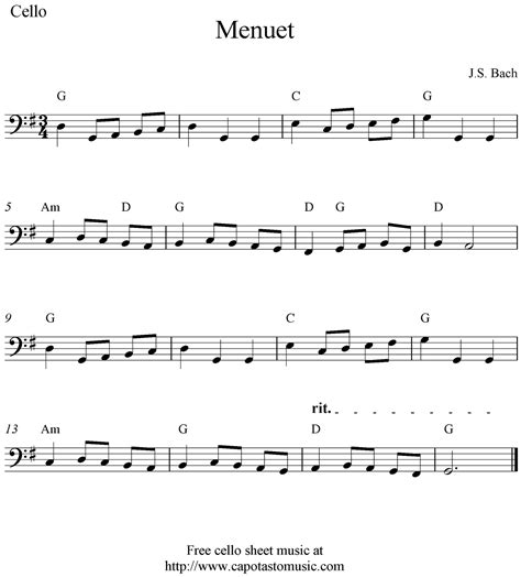 Easy Sheet Music For Beginners: Menuet by Bach, fee cello sheet music notes