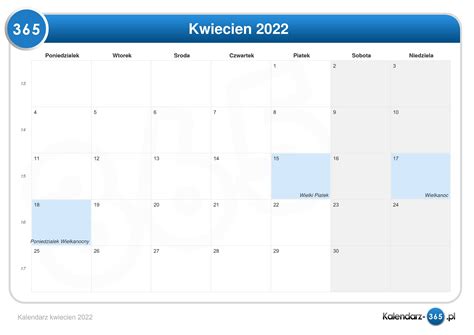 Kalendarz kwiecień 2022