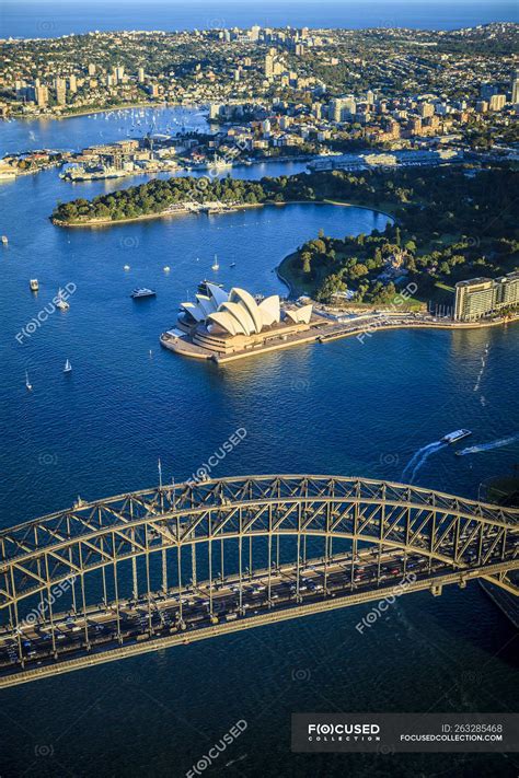 Aerial view of Sydney opera house and bridge in Sydney, Australia — vertical, nobody - Stock ...