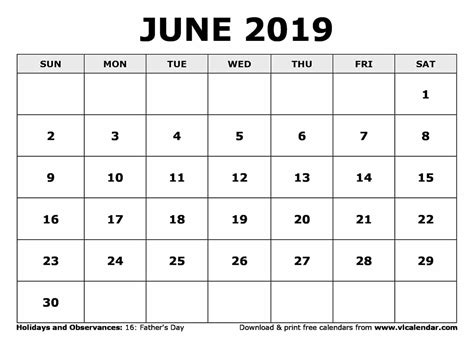 June 2019 Calendar Printable Templates