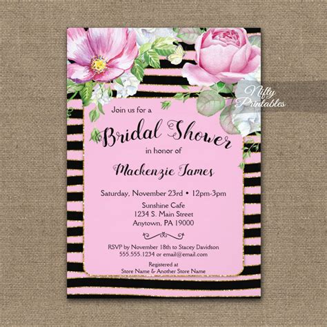 Bridal Shower Invitations Floral Pink Black Horizontal Stripes - Nifty ...