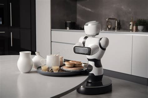 Robot Chef in the Kitchen, Preparing Breakfast with Advanced AI Technology and Modern Design ...