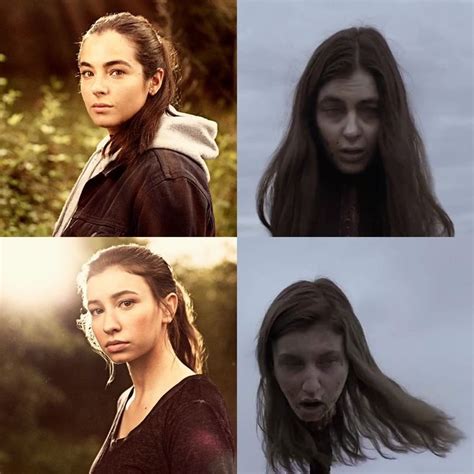 four different images of the same woman with long hair, and one without her face