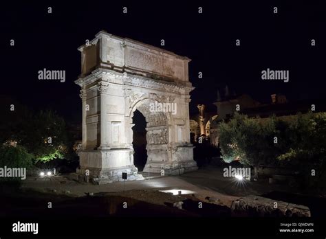 Arch of Titus, photographed at night, illuminated by artificial lights ...