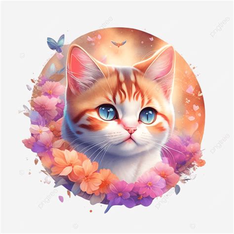 3d Cute Cat Face With Pink And Orange Color Flowers Ornament, 3d Cute Cats, Flowers, Cute Cat ...