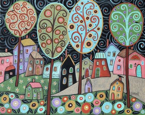 Folk Village ORIGINAL CANVAS PAINTING 16x20 FOLK ART Houses Cat Birds Karla G | Original canvas ...