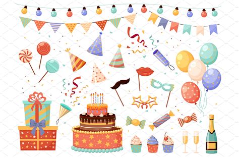 Birthday party decorations. Cartoon | Graphic Objects ~ Creative Market