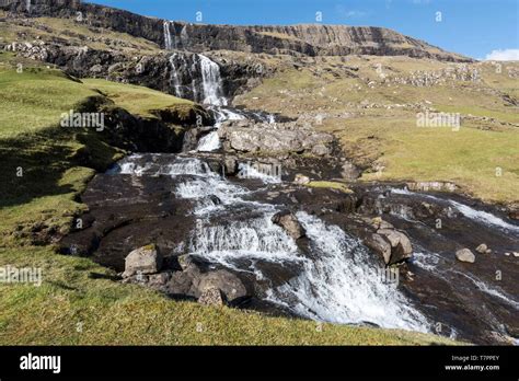 Denmark, Faroe Islands, Streymoy Island, Saksun, waterfall Stock Photo ...