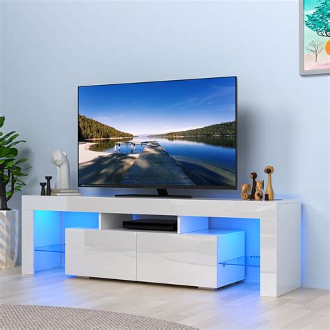 57 Inch RGB LED TV Cabinet Home Bedroom Modern TV Unit Open Shelves TV ...