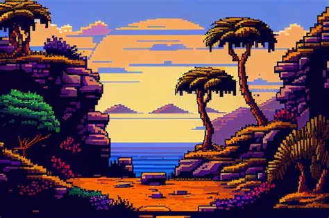 Paysage De Fond De Jeu Vidéo Avec Des Montagnes Et Des Forêts En Pixels 16 Bits Emplacement De ...