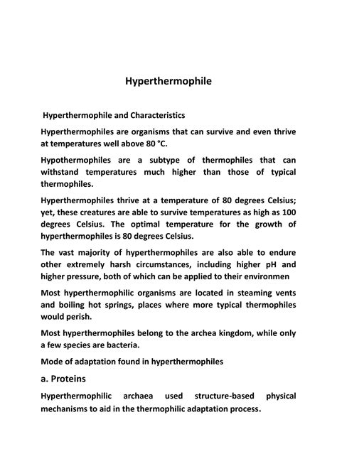 Hyperthermophile - Hyperthermophile Hyperthermophile and Characteristics Hyperthermophiles are ...