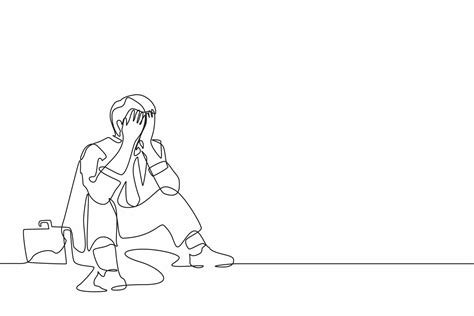 Single continuous line drawing sad businessman cover his face by hands and sitting on the floor ...