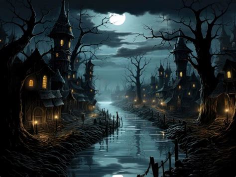 Premium AI Image | A spooky Halloween night scene with town