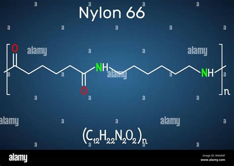 Nylon 66 or nylon molecule. It is plastic polymer. Structural chemical formula on the dark blue ...