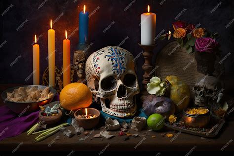 Premium AI Image | Day of the dead altar with offerings and candles