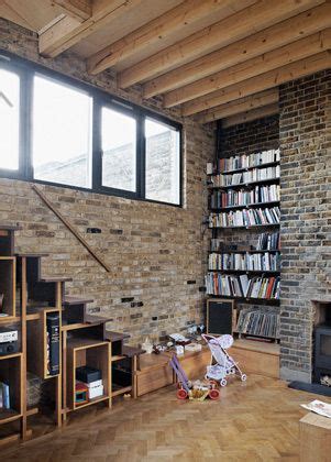 brick - this alcove is like my family room. i like the tall shelving