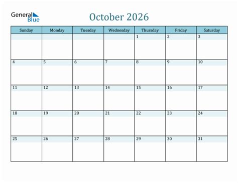 October 2026 Monthly Calendar Template (Sunday Start)