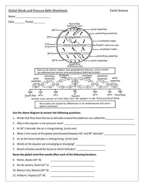 Global Winds and Pressure Belts Worksheet Earth Science