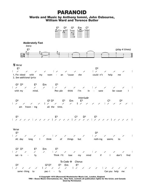 Paranoid by Black Sabbath Sheet Music for Ukulele Chords/Lyrics at Sheet Music Direct