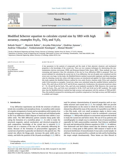 (PDF) Modified Scherrer Equation to Calculate Crystal Size by XRD with High Accuracy, Examples ...