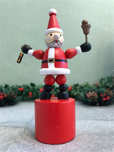 Vintage push puppet wooden Santa Claus, handpainted red Santa thumb puppet, wooden Santa ...