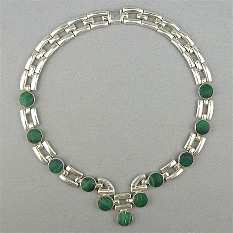 Modernist Heavy Taxco 950 Sterling Silver Necklace w/ Malachite from greatvintagestuff on Ruby Lane