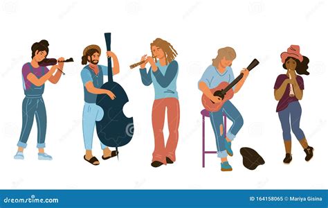 Musicians Cartoon Characters Playing Musical Instruments on City Streets Stock Illustration ...